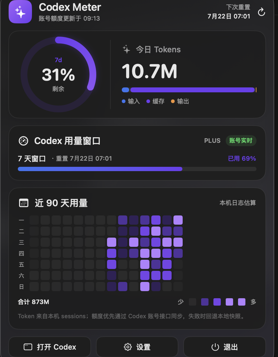 Codex Meter for macOS菜单栏额度与Token统计界面
